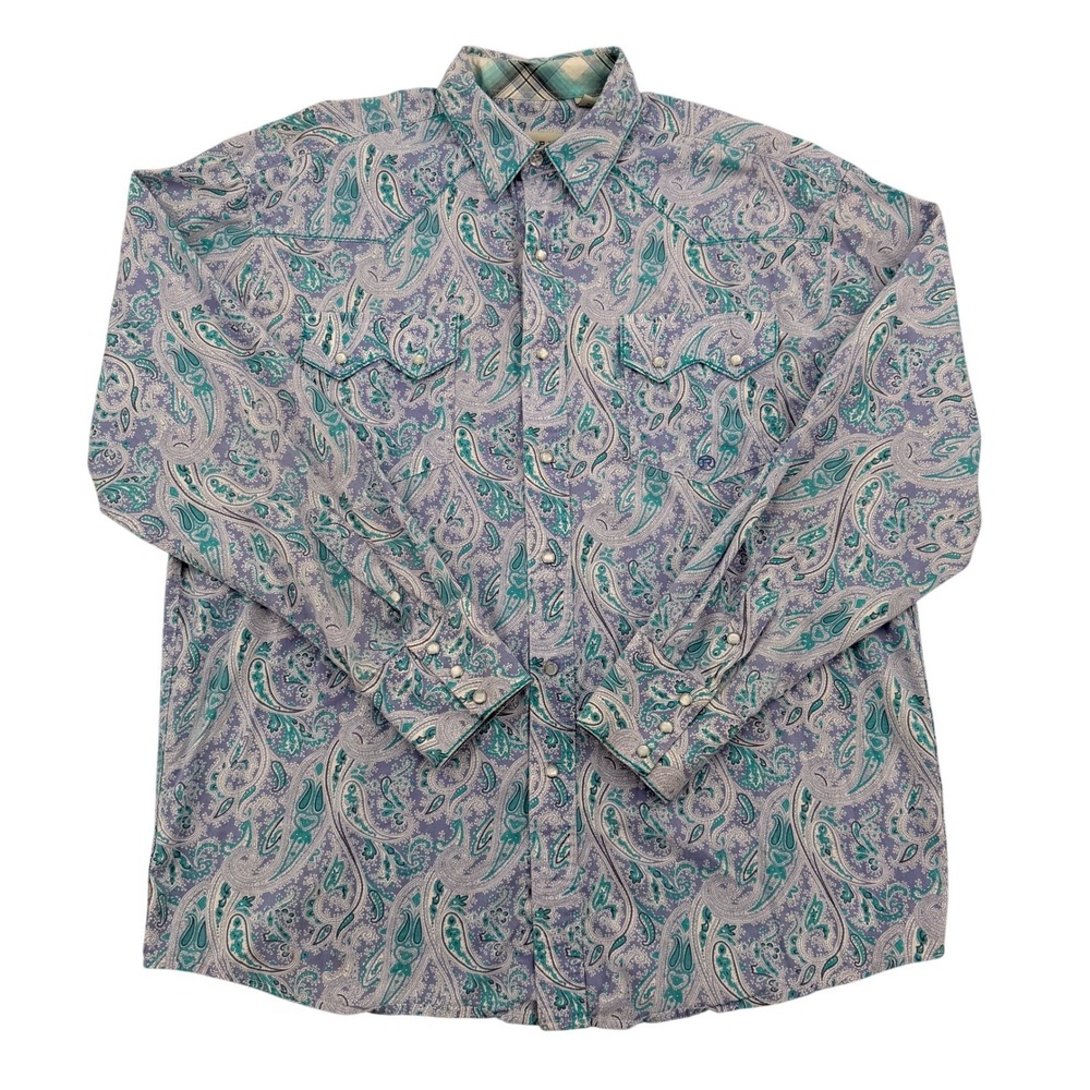 Roper Men L Purple Teal Paisley Pearl Snap Western Shirt 01-225-242BU Cotton